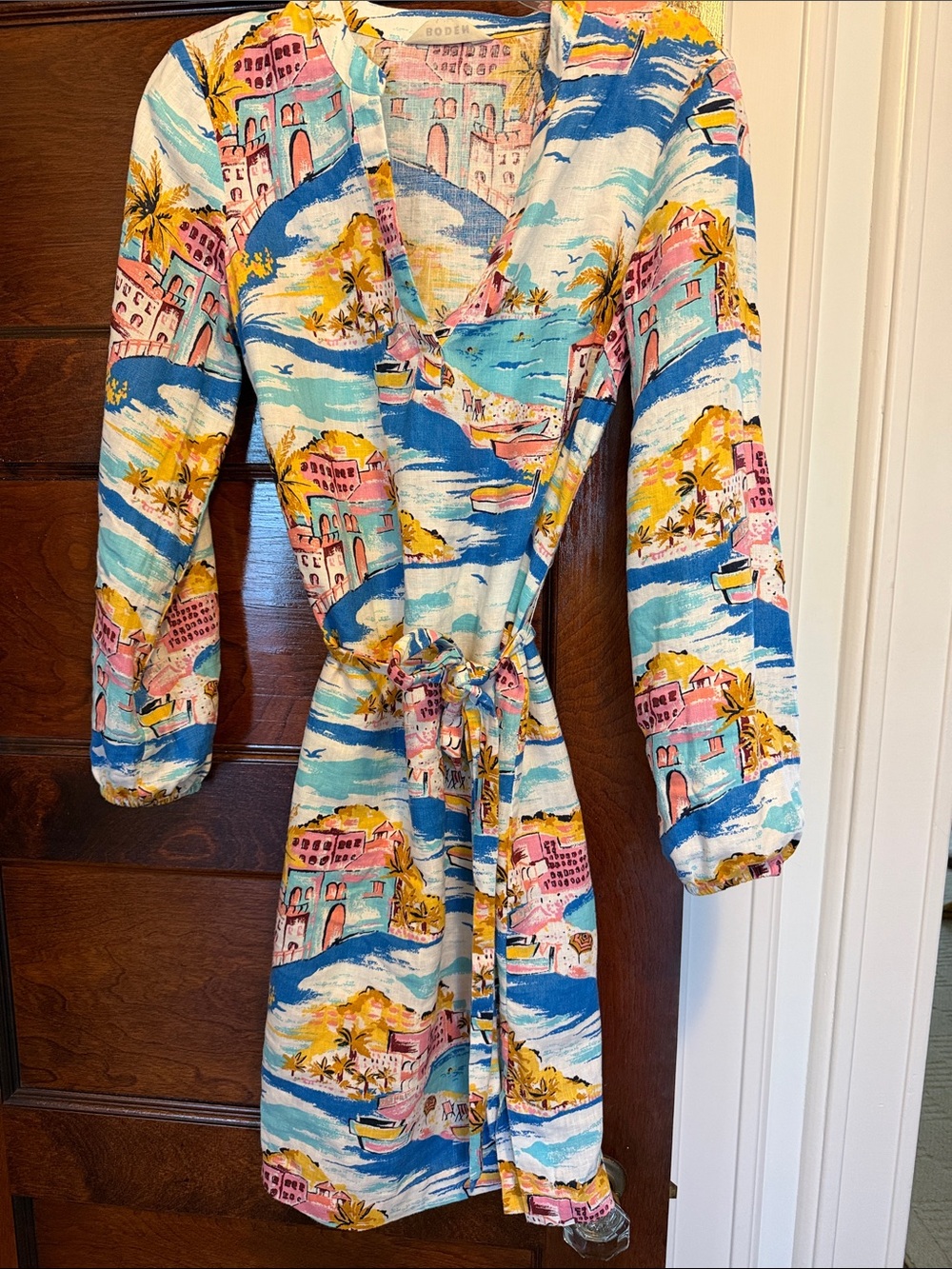 Women’s Tropical Print linen dress- Blue, Pink & Yellow